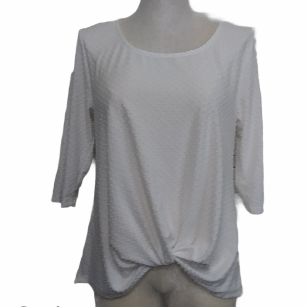 W5 Top Womens Large White Swiss Dot Textured Twist Front 3/4 Sleeve Pop over Top